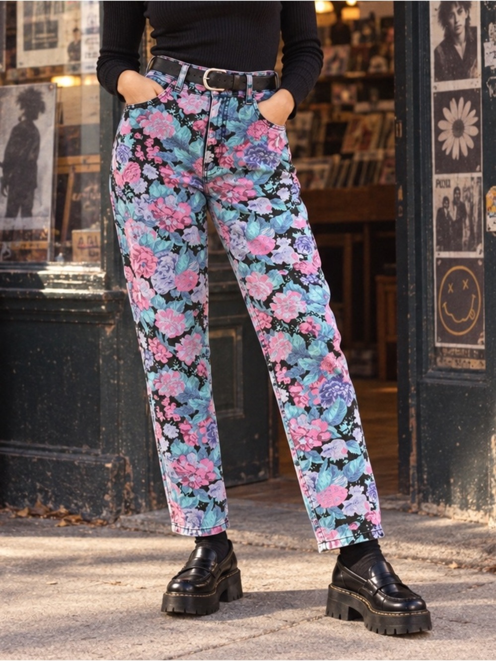 Be Brave Jeans Size 14 Floral Print Straight Pants Retro 90s 70s Granny Ecectic